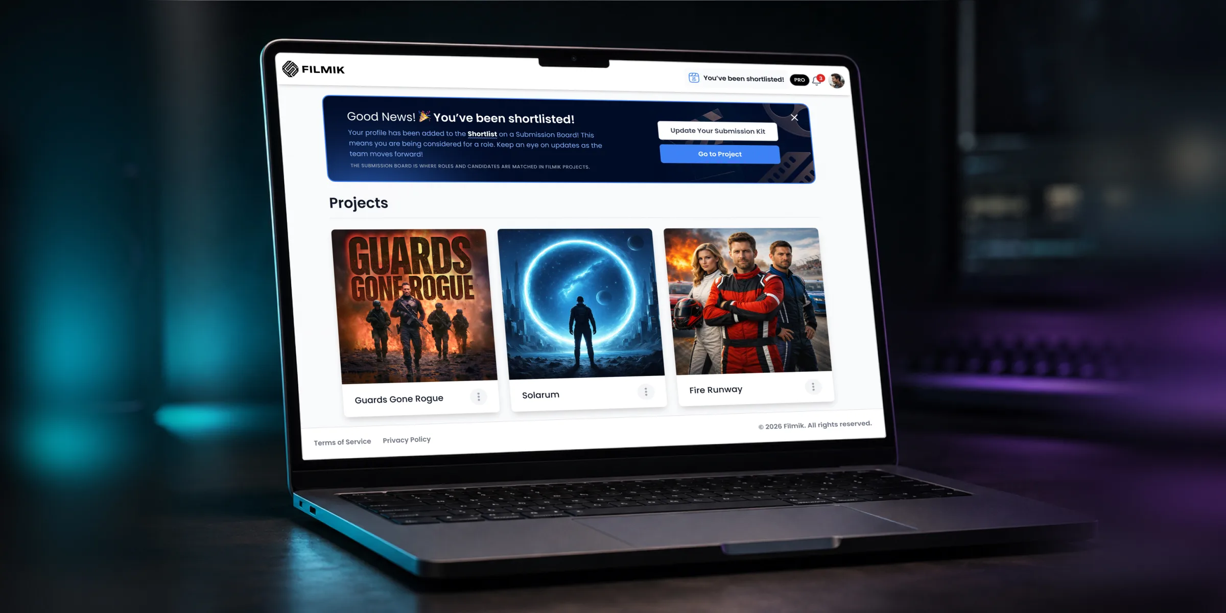 Filmik project shortlist and submissions interface displayed on a laptop