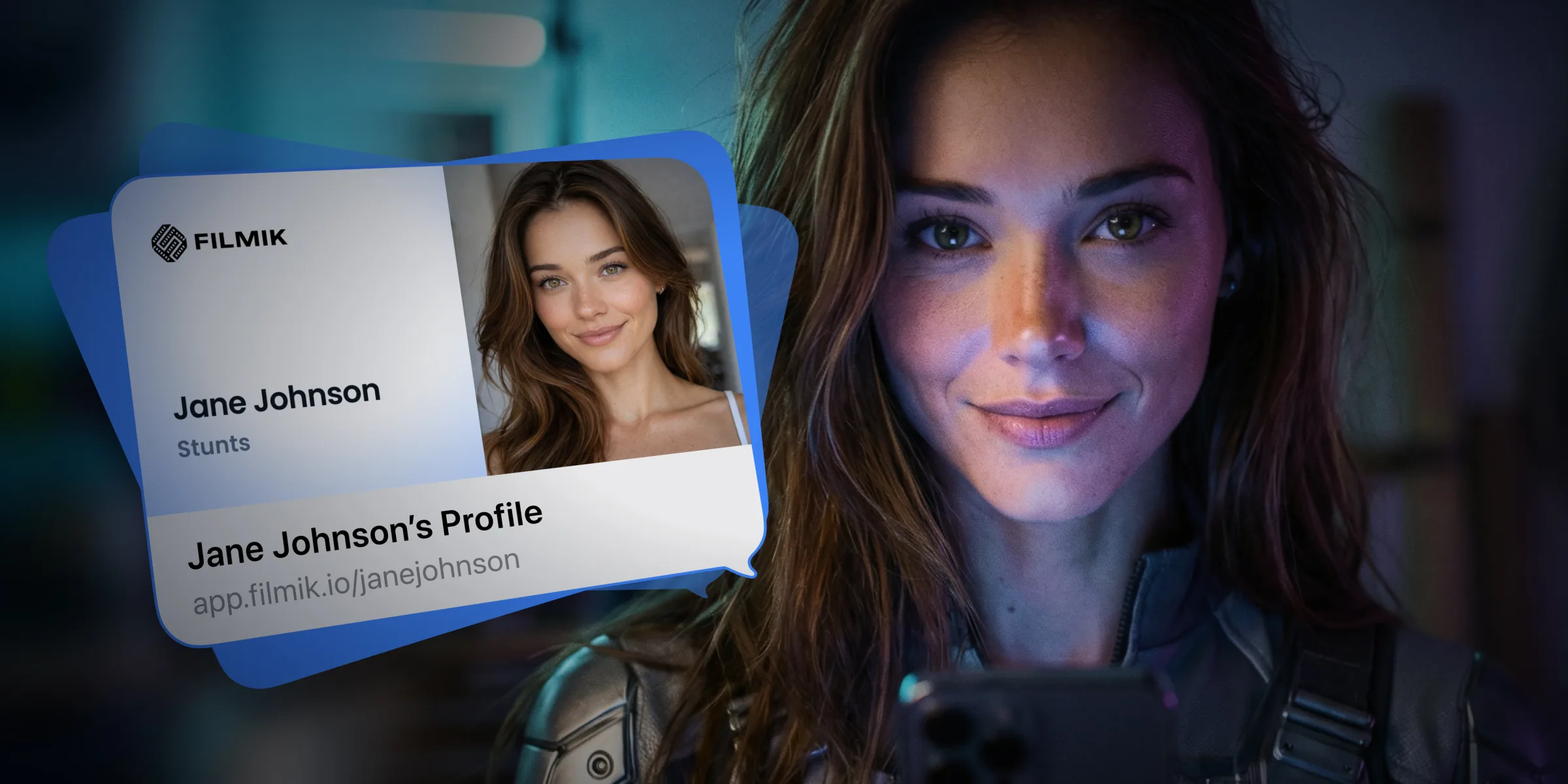 Filmik performer profile interface displayed beside a portrait in a cinematic setting
